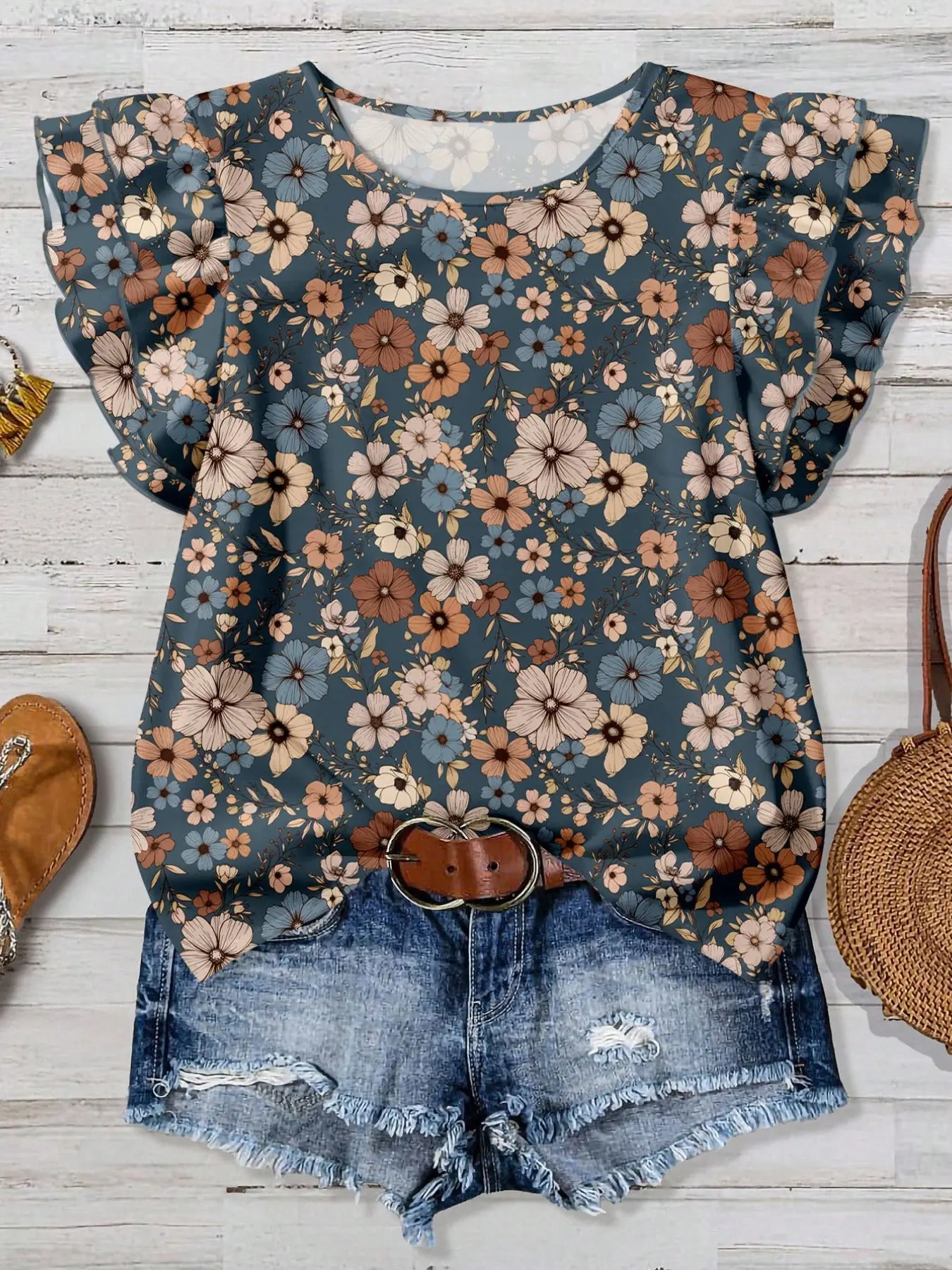 Women's Round Neck Short Sleeve Romantic Elegant Floral Plaid Print Blouse Shirt Top, Perfect for Outing, Commute, Date, Party, Fashionable and Unique