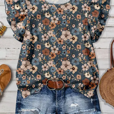 Women's Romantic Elegant Round Neck Short Sleeve Floral/Plaid Print Blouse Top Floral Printed Blouses for Commute, Date and Party