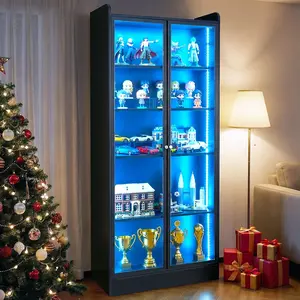 VEVOR Display Cabinet with Doors, 67 in Tall Lighted Display Case with 2 Adjustable Shelves, 5-Tier Curio Collectibles Storage Cabinet, Bookshelf Bookcase for Pantry Bedroom Living Room Office