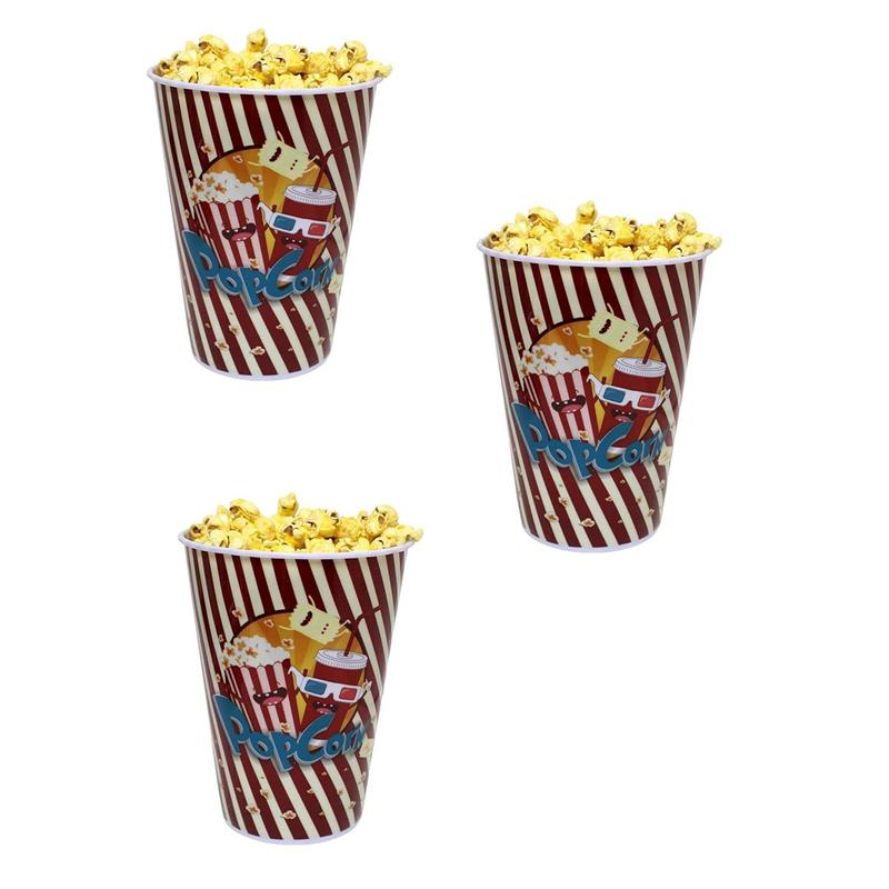 3-Pack Retro Style Plastic Popcorn Containers - 7" Tall x 5" Top Diameter -  Popcorn Buckets for Movie Nights, ' Parties, and Snack Time (46198-A)