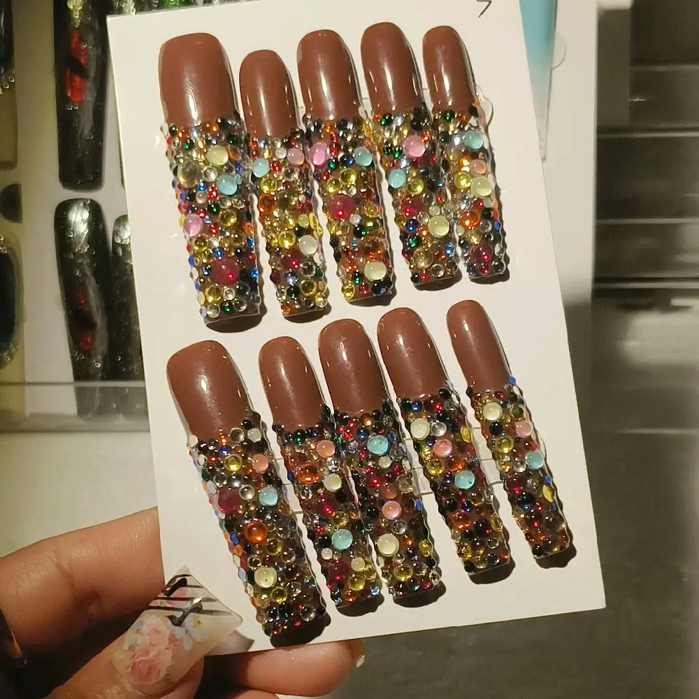 Multi-Color Rhinestone Bling Press-On Nails Long Nude Brown Luxury Sparkly Crystal Covered Extra Long Coffin Full Jewel Glamour False Nails
