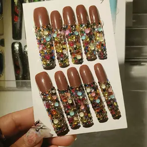 Multi-Color Rhinestone Bling Press-On Nails Long Nude Brown Luxury Sparkly Crystal Covered Extra Long Coffin Full Jewel Glamour False Nails