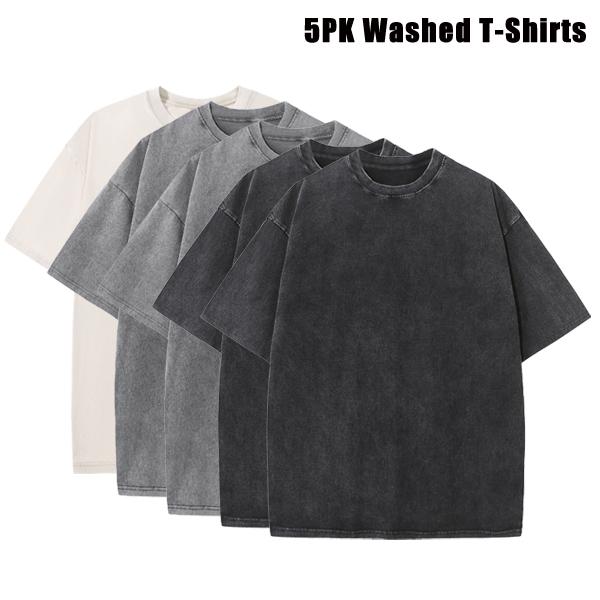 5PCS Men’s Extra Large Fitness Retro Heavyweight T-Shirts, Pure Cotton Sports Acid Wash Loose Fit, Summer Sweat Absorption, Multiple Colors