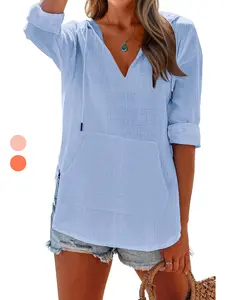 Skoinvb Women's Beach Cover Up Hoodies Sweatshirt Long Sleeve V Neck Pocketed Hooded Shirt Top
