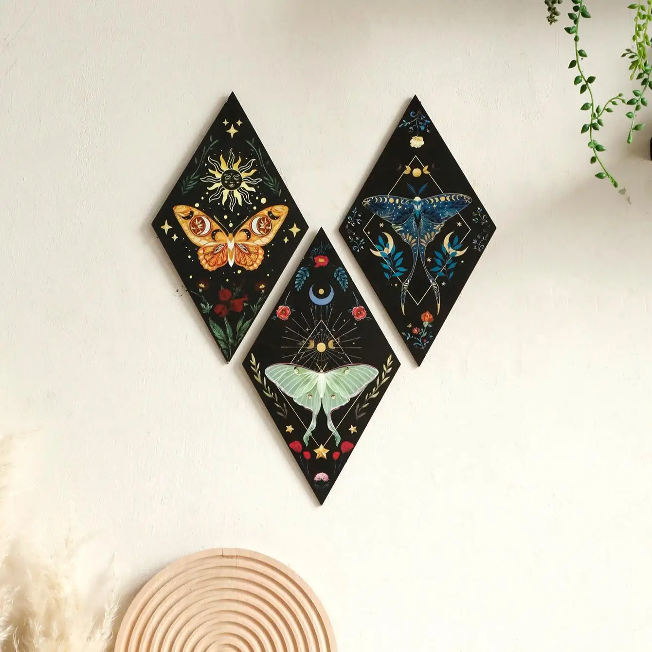 Room Decor Wooden Butterfly & Moon & Star Pattern Wall Art, 3 Counts Boho Style Wall Decor, Room Decor Decorations for Home Living Room Bedroom