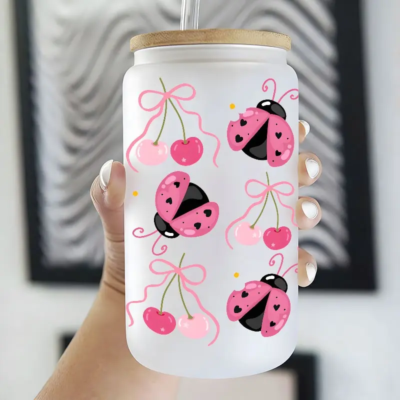 Cute Pink Ladybug Cherry 16oz Glass Can Cup with Lid and Straw, Reusable Glass Drinking Cup, Tumbler, Glass Jar for Iced Coffee, Hot Chocolate, Aesthetic Kawaii Drinkware, Glassware, Drink Containers, Perfect Gift for Girls, Teens, Ladybug Lovers