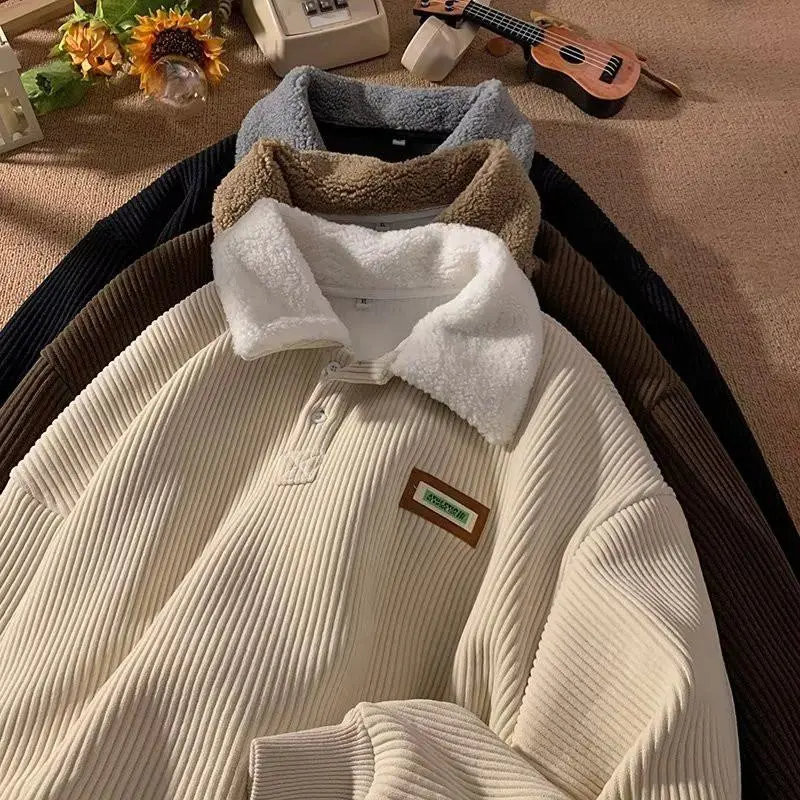 Corduroy Polo Collar Sweater Couple Autumn and Winter Style Vintage Harajuku Hoodies thickened simple fashion lamb wool coat Machine Washable Long Sleeve Sweatshirt Casual