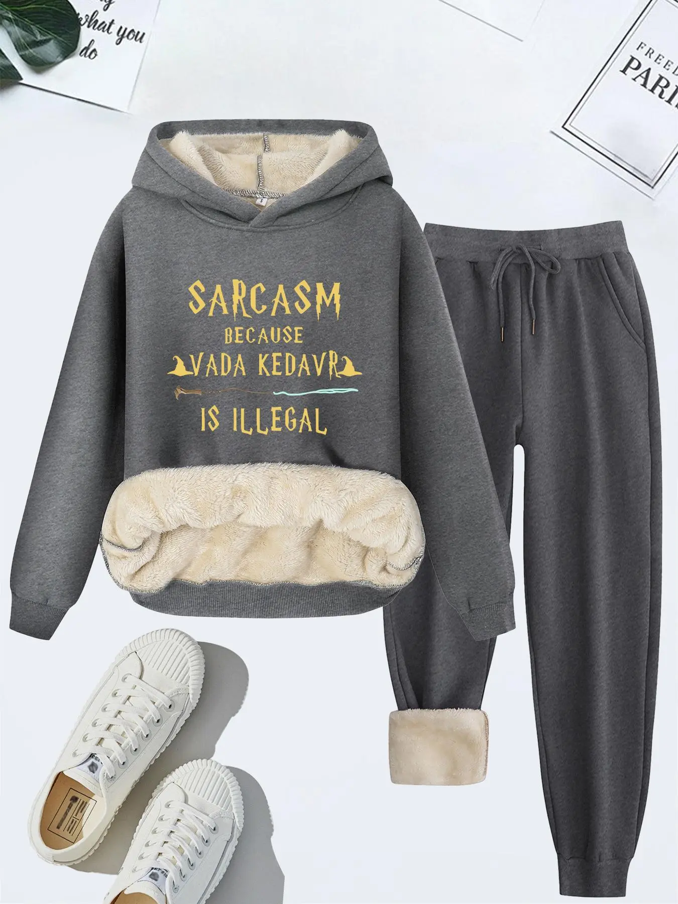 Women's Halloween Letter Print Thermal Lined Sweatshirt & Drawstring Waist Pants Two-piece Set, Casual Long Sleeve Hooded Pullover & Pocket Trousers for Fall & Winter, Women's Clothes for Daily Wear, Co Ord Sets, Hoodie Pants Set