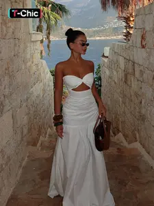Women's Plain Ruched Tube Dress, Solid Strapless A Line Dress Elegance for Beach Holiday Vacation, Ladies Summer Clothes, Womenswear