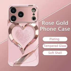 Rose Gold Heart Tempered Glass Phone Case | Luxury Plating Smooth Glossy Hard Cover   for iPhone 17 16 Pro Max/14/15/13P/12/11/X/8/7  Models| Cute Pink Valentine's Gift for Her 952