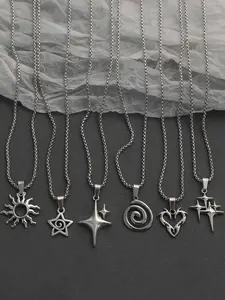 6 Piece Set Y2K Flame Heart Star Spiral Sun Pendant Necklace, Stainless Steel Chain, Punk Simple Unisex Couple Jewelry for Daily Party, Fashionable Jewelry Accessories