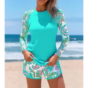 Two Piece Long Sleeves Rash Guard, Paisley Print Sun Protection Swimsuits with Board Shorts