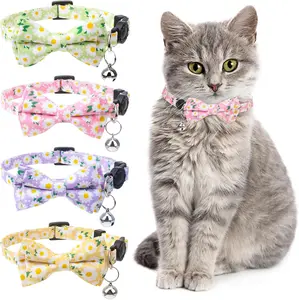 4 Pcs Breakaway Cat Collar with Bow Tie and Bell Floral Cat Kitten Collar with Removable Bowtie Adjustable Safety Collars for Girl Cats XLSXEXCL
