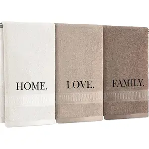 FuWeave 3 Pcs Farmhouse Decorative Hand Towels for Bathroom and Kitchen Rustic Embroidered Cotton Hand Towels Decorative Set for Boho Bathroom Decor(Brown,Home,Love,Family)