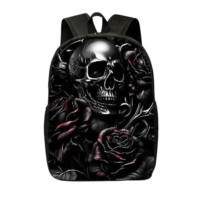 Unisex Black Skull Rose Printed 3-in-1 Multi-Function Laptop Backpack Set - Lightweight 15" MacBook-Fit Daypack, Lunch Pouch, Pencil Case for Adults, Commuting, Hiking (Sports & Outdoor Gym Bag Accessory)