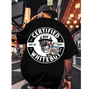 Certified Whiteboy T-Shirt, Features Graphic of Skull with American Flag and Lite Beer, "Certified Whiteboy - EST. AT BIRTH" Typography, Unisex T-Shirt, Casual Graphic Tee, Perfect Gift for Those with a Bold Sense of Humor, Menswear Top Streetwear Casual