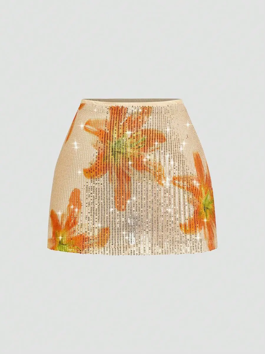 BAE Beige Summer Girlism Rave Women's Large Size Sequin Lily Floral Print Shorts Skirt,Retro Elegant Carnival Clothing,Coachella Concert