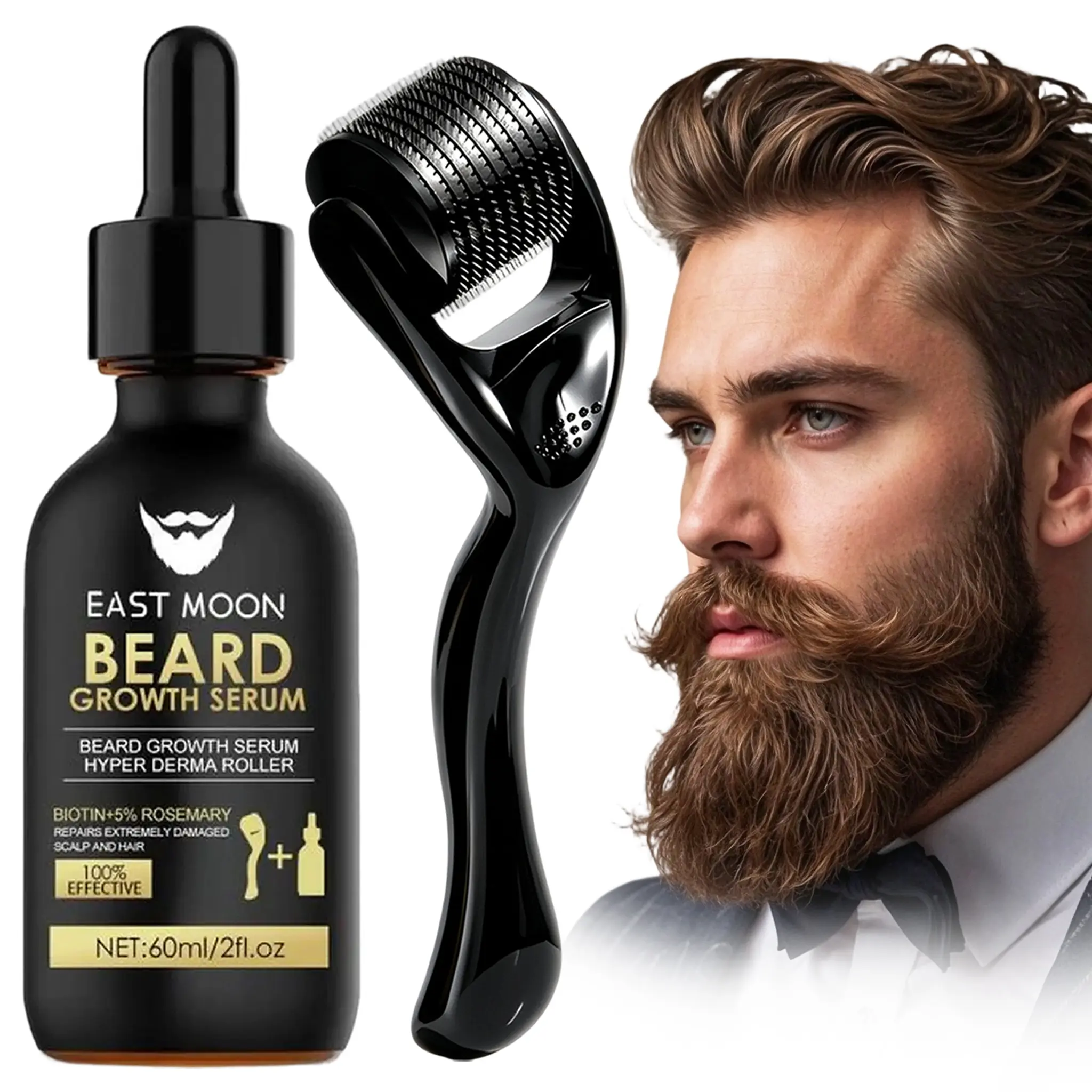 East Moon Beard Growth Serum&Beard Massage Derma Roller, Beard Growth Kit, 60ml Nutritional Oil for Thicker Shiny Beards, Fuller Beard Growth, Fills Patchy Spots Fast, Daily Beard Care Tools, Men's Grooming Gifts, Father's Day Gifts