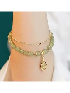 Ladies' Chinese-style Jade Bracelet with Delicate Gold Leaf Band, Double Chain Bracelet. An ideal gift for girls, perfect for Christmas, Halloween, summer, winter, Valentine's Day, and New Year. Suitable for ladies and gentlemen. Available in white, red,