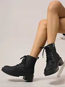 Women's Floral Biker Boots, Thick Sole Lace-Up Side Zip Short Boots, Fall Winter Fashion Round Toe Flat Shoes
