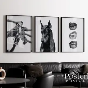 Stockholm Style Wall Art Set of 3 Black & White Modern Prints Doberman, Cheers Glasses and Lips Minimal Fashion Home Decor