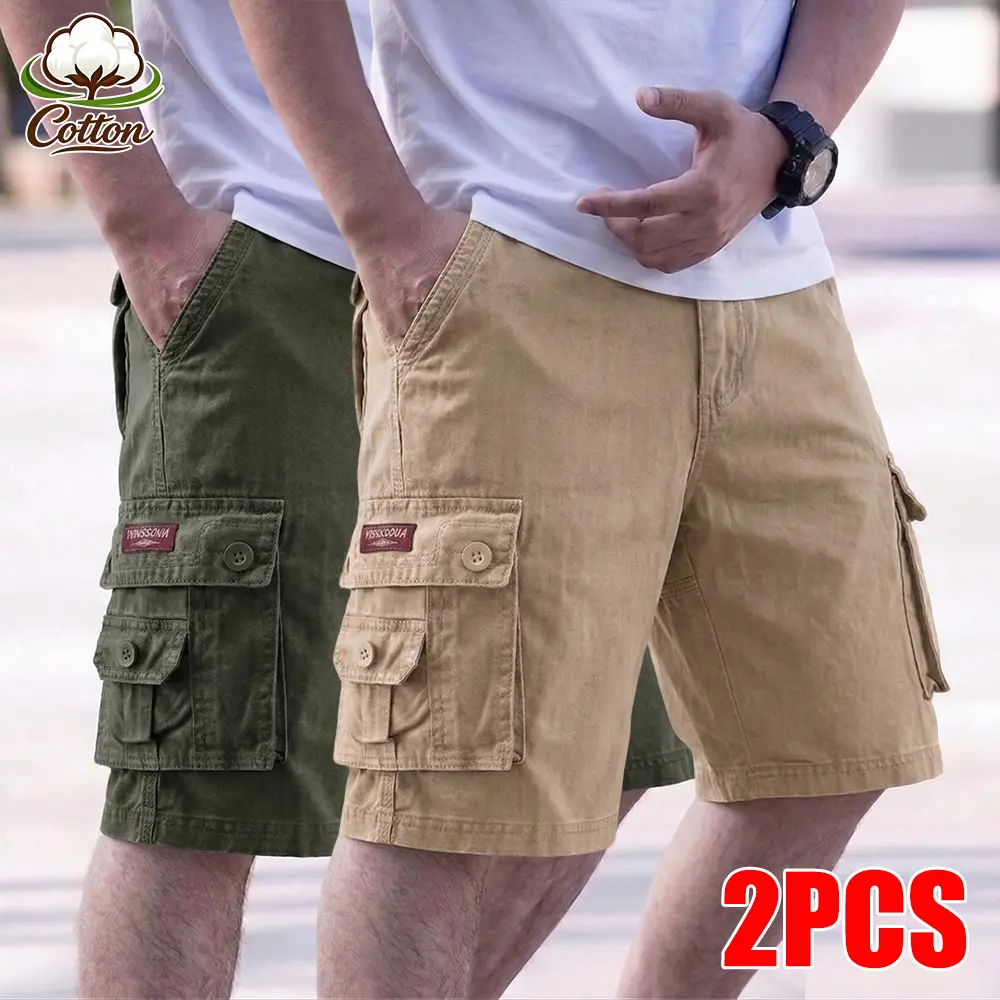 2-Pack Men’s summer cotton washed shorts with large pockets, multifunctional casual design, suitable for outdoor hiking and fishing activities.