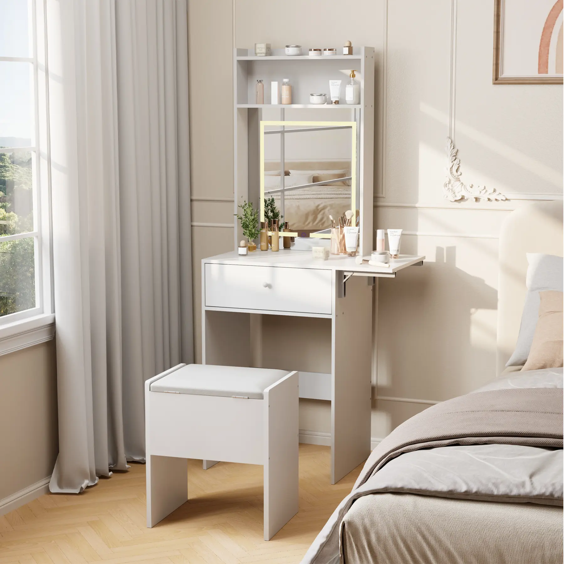 White Compact Makeup Vanity Table - Modern Makeup Vanity with Adjustable LED Light Mirror, Built-in Power Station, Fold-Up Panel Storage, Open Shelves and Matching Chair for Bedroom