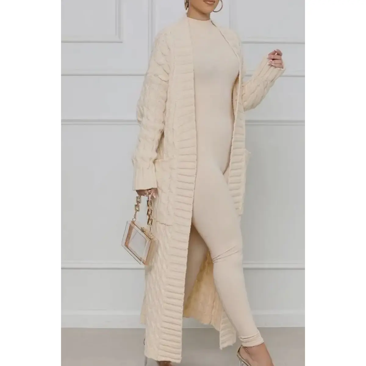 Long Waffle Knit Open Cardigan | Ivory