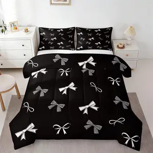 2/3Pcs Black Bow Print Comforter Set, Soft Microfiber Bedding Set with Pillowcases, Coquette Aesthetic Quilt, All Season Lightweight Digital Printed Bed Set for Girls Teens Bedroom Decor