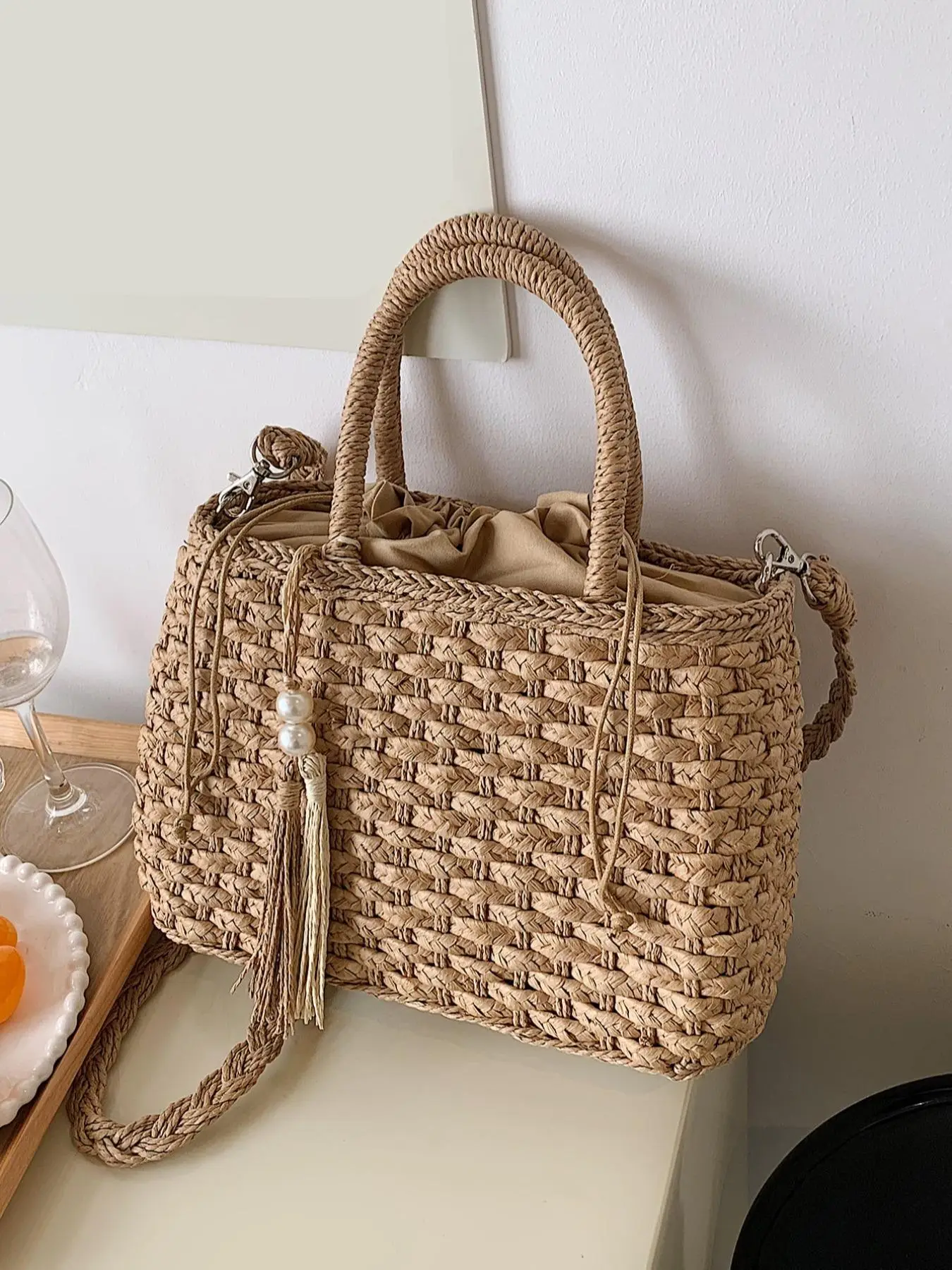 Women's Braid Design Straw Crossbody Bag, Fashionable Tassel & Faux Pearl Decorated Large Capacity Shoulder Bag for Daily Used, Trendy All-match Bag