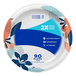 90-Count Medium Paper Plates 8.5 Inch Microwave-Safe, Soak-Proof, Cut-Resistant 2X Stronger Disposable Plates for Daily Breakfast, Lunch, and Dinner
