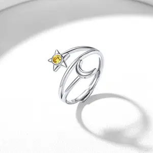 ChicSilver Stackable Dainty Daily Simple Casual Sparkling Shiny Crescent Moon and Star Birthstone 925 Sterling Silver Cubic Zirconia Adjustable Wrap Open Band Rings Birthday Gift for Women