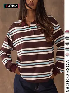 Women's Casual Colorblock Striped Long Sleeve T-Shirt, Fall Winter Fashion, Vintage Style, Fitted, Outdoors Wear, All Seasons, Womenswear, Tops