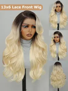 Synthetic Heat Resistant 13x6 Long Body Wavy Hair Pre-Plucked Hairline Synthetic HD Lace Front Wigs 24 Inch Gradient golden  Synthetic Hair Per Plucked Natural Hairline Daily Used High Quality For Girl Women Cosplay Natural Looking Good Quality Synthetic