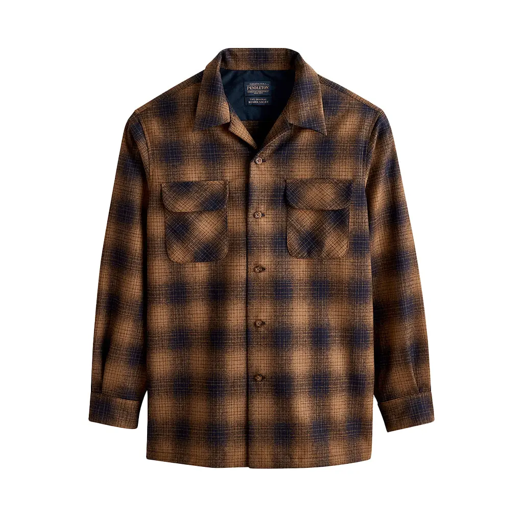 Pendleton Menswear Umatilla Wool Board Shirt, a Fitted Long-Sleeve Casual Top with Bias Cut Pockets in Gold & Navy Ombre Plaid, Fabric, Beige Dark Blue Long-Sleeve Casual Shirts, Square Bottom, Two Bias-Cut Pockets
