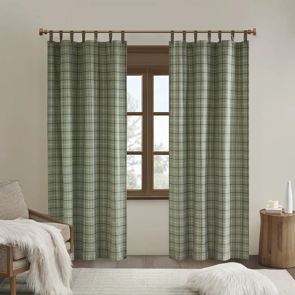 Madison Park MP40-8297 Rustic Yarn Dyed 84x50x0.13 in. Green Plaid PU Faux Leather Tab Top 2-Panels Curtain, Heavyweight Fleece Liner, Thermal Insulation, Machine Washable Window Panels for Living Space, Two Panels