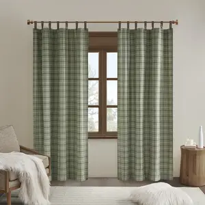 Madison Park MP40-8297 84 x 50 x 0.13 in. Anaheim Plaid Faux Leather Tab Top Curtain Panel with Fleece Lining, Green