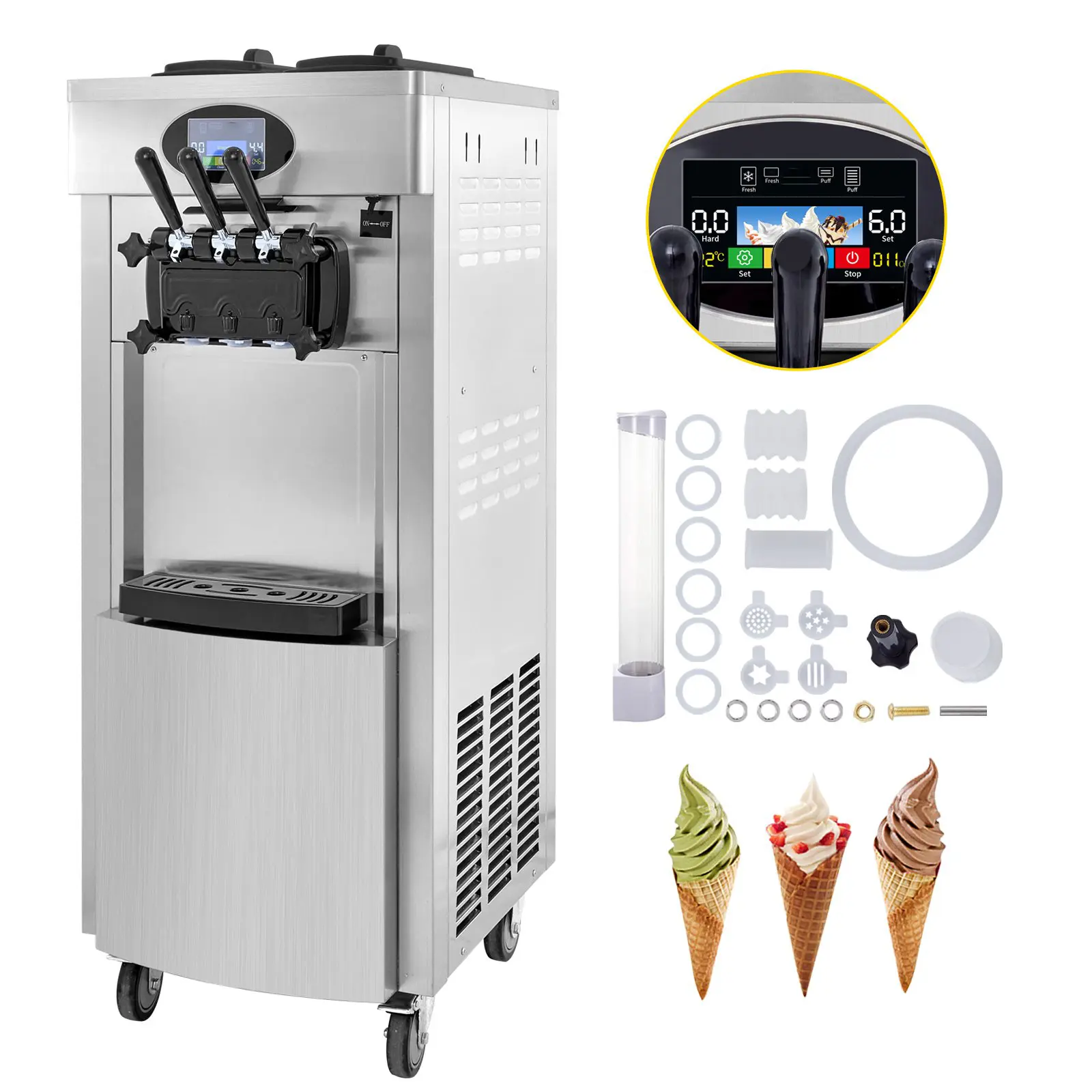 2200W Commercial Soft Ice Cream Machine 3 Flavors 5.3-7.4 Gallon per Hour PreCooling Auto Clean LCD Panel for Restaurants Snack Bar Silver YKF-8228H
