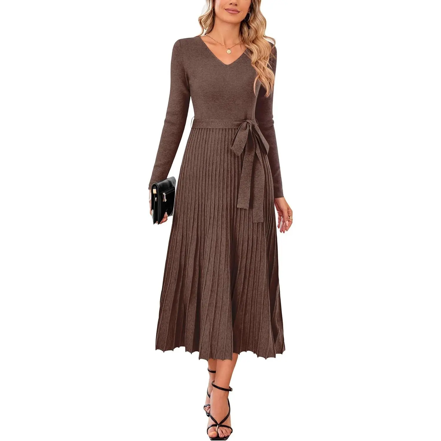 Women's Minimalist Pleated Wool-Blend Jumper Dress - Elegant V-Neck, Long Sleeves, Tie Waist, Trendy Knit Design for Casual Loungewear