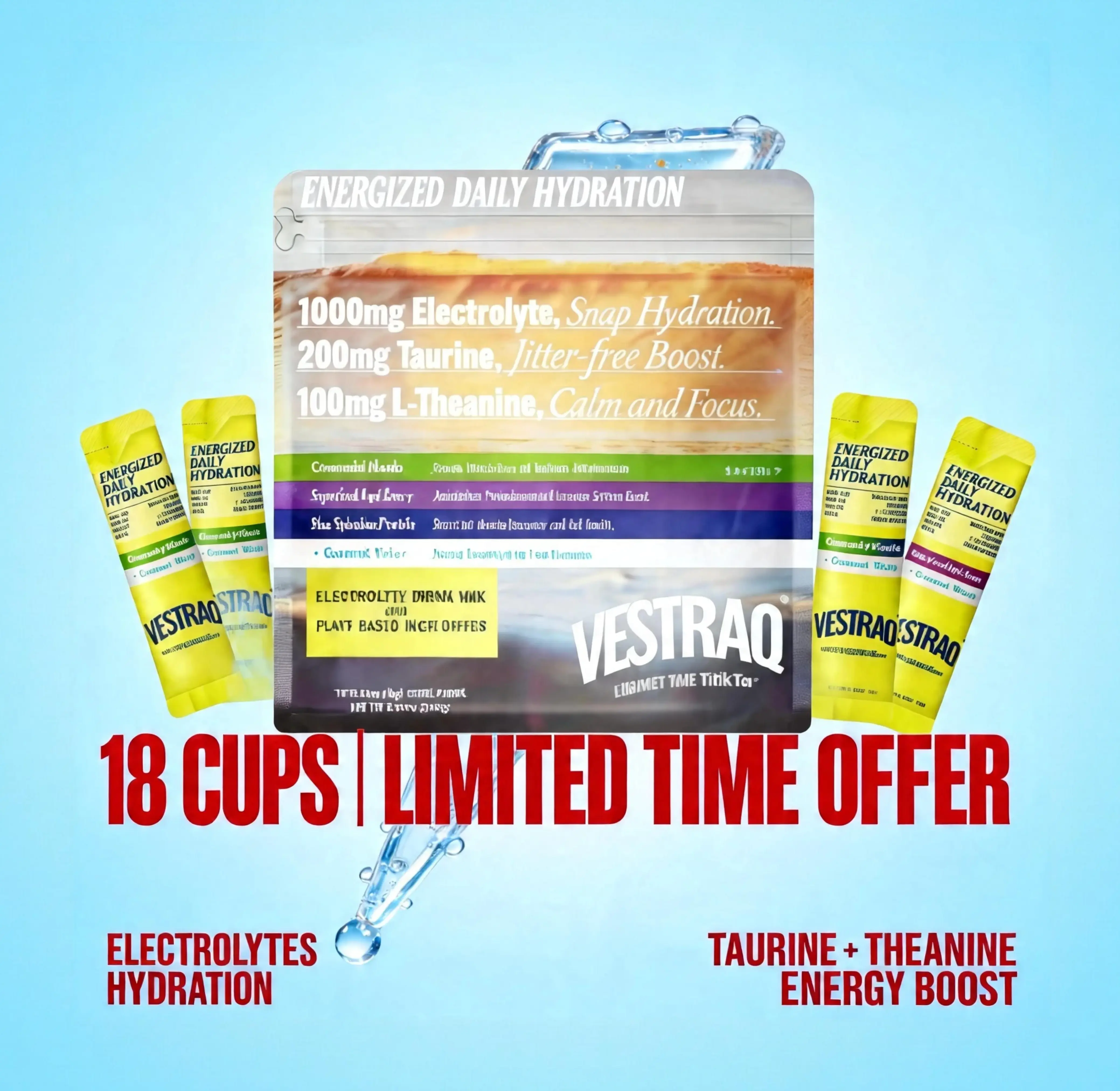 VESTRAO Hydration Energy Electrolyte Powder – 1000mg Scientific Blend with Taurine & L-Theanine for Calm Focus & Smooth Energy – Superfood Drink Mix Enhanced with Coconut Water Blue Spirulina Protein,magnesium complex Acai & Matcha  Zero Sugar Stick Packs