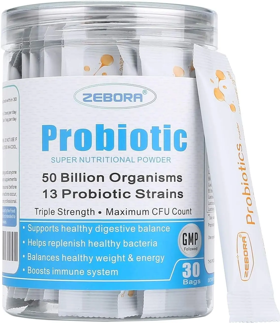 ZEBORA Probiotics for Women, Men and Kids, Prebiotics and Probiotics Powder for Digestive and Immune Gut Health - Support Healthy-Respiratory-System Gluten Free and Non GMO, 30 Packets