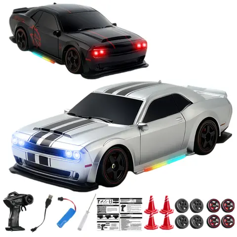1:24 Scale Remote Control Drift Car Set, Drift RC Cars, 2.4 GHz RC Car with Adjustable LED Headlights & Replaceable Wheels, Silver, RC Model Vehicle for Kids Ages 8+