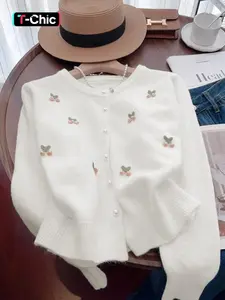 Elegant Cherry Embroidered Pearl Button Long Sleeve Sweater, Fitted Casual Knit Cardigan for Fall & Winter, Versatile Moderate Fabric