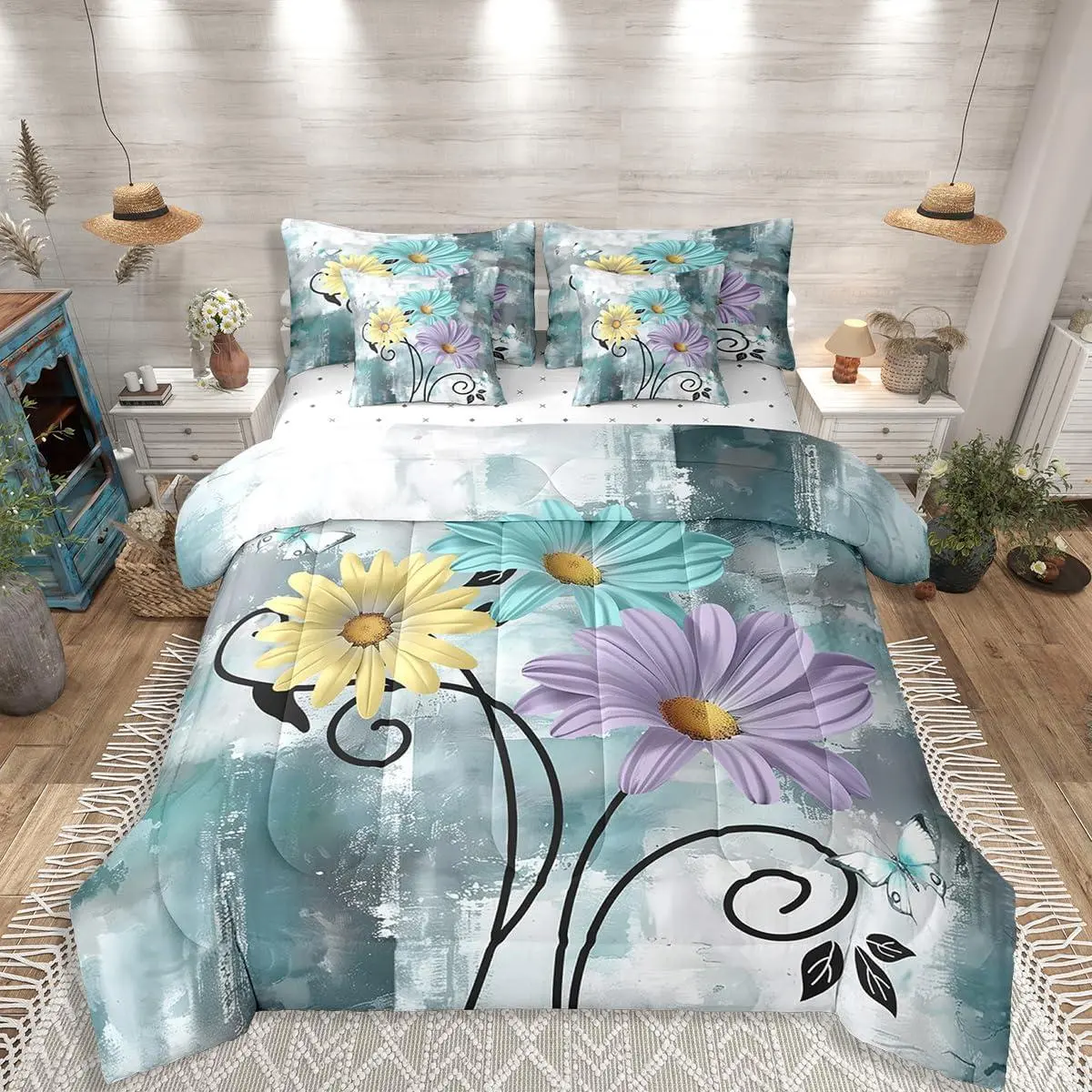 Teal Bedding Set,7 Pieces Rustic Farmhouse Comforter Set,Wooden Turquoise Floral Bed In A Bag Country Wild Flower Sheet Set with Comforter,Farm With Butterfly Bedding Yellow Blue Purple