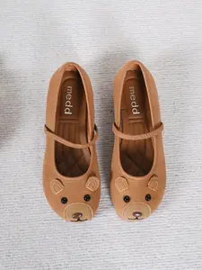 Cute Cartoon Bear Head Mary Jane Shoes, Soft PU Leather, Lightweight Comfortable Flat Shoes, Fashionable All-Season Women's Footwear