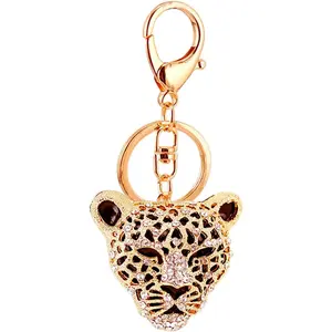 Leopard Bag Pendant, Purse Charms,1.81*1.65 in Leopard Charm, Gold Rhinestone Keychain, Cute Cheetah Head Purse Key Ring Chain Sparkling Crystal Charming for Lady Girlfriend