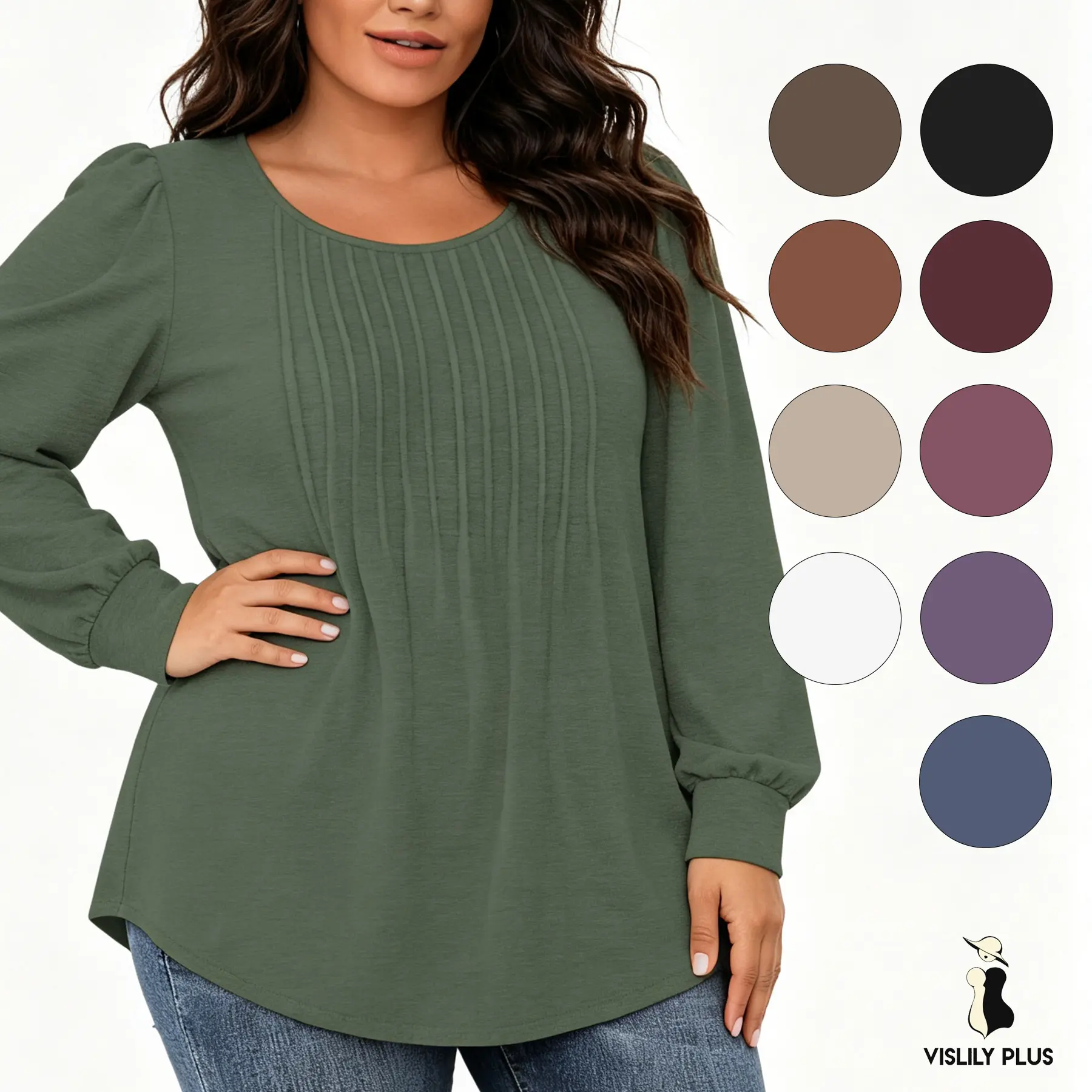Womens Plus-Size Dressy Tops Trendy Puff Long Sleeve Shirts Cute Flowy Pleated Blouses Casual Crewneck Tunics XL-5XL VPS0171 Chic Comfy