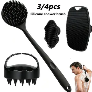 Silicone Body Brush Set 3/4 Pieces, Long Handle Back Brush, Short Bath Brush, Hair Brush, Face Wash Brush, Cleaning Tools