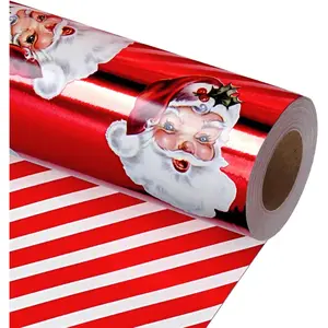 Vintage Santa Claus Christmas Wrapping Paper Roll - Double-Sided Aluminum Foil Gift Wrapping Paper with Candy Cane Stripes, Suitable for Christmas Gifts and Decorations, 17 Inches * 33 Feet