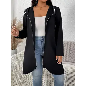Plus Size Long Sleeve Hooded Parka Coat, Water-Resistant and Machine Washable for Autumn and Winter Collar Fabric Womenswear Jackets Spandex Tops Comfort Casual Zipper Basic Black Minimalist  aesthetic raincoat sophie rain jacket umbrella  hat Women's  Ou